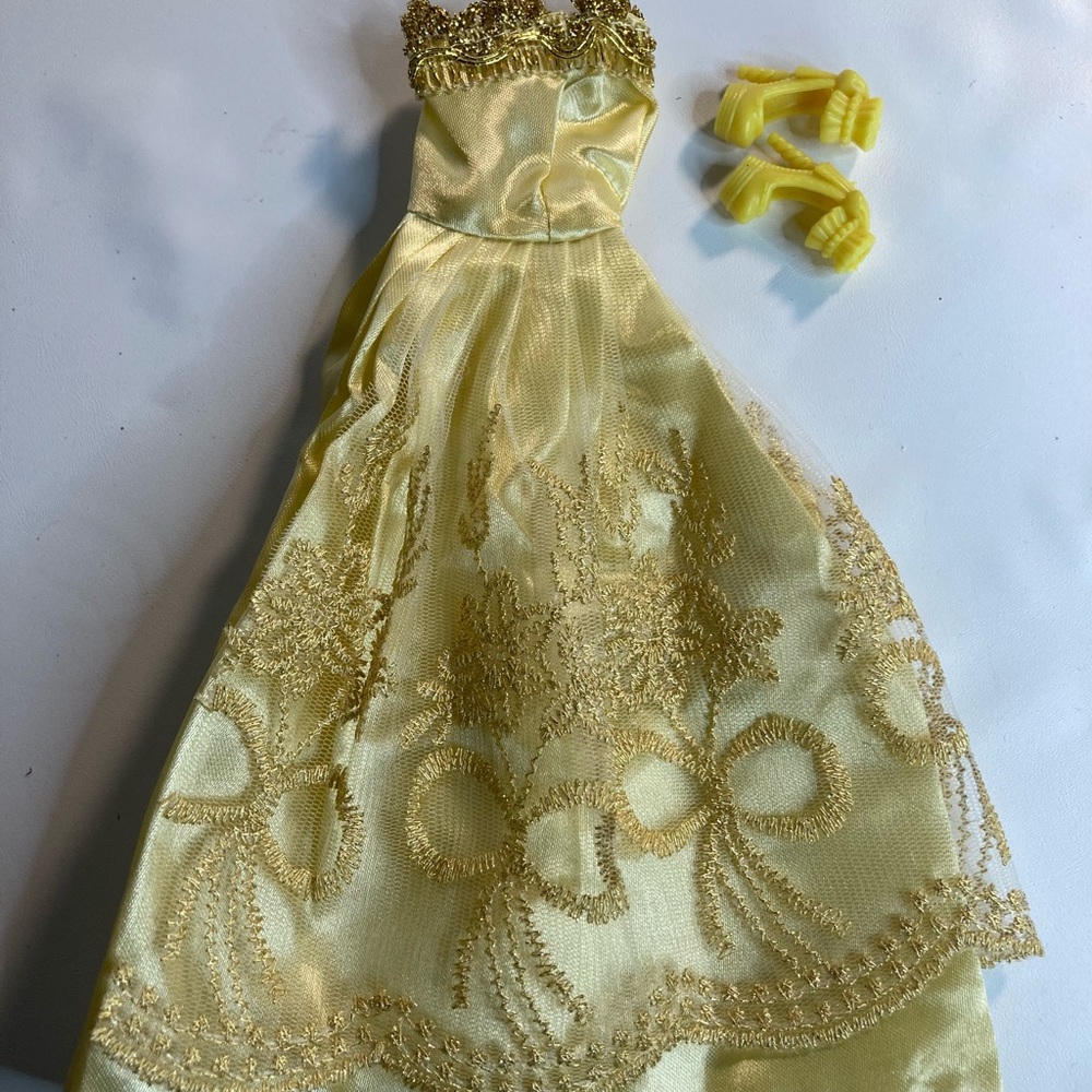 Barbie fashion doll yellow lace gown heels